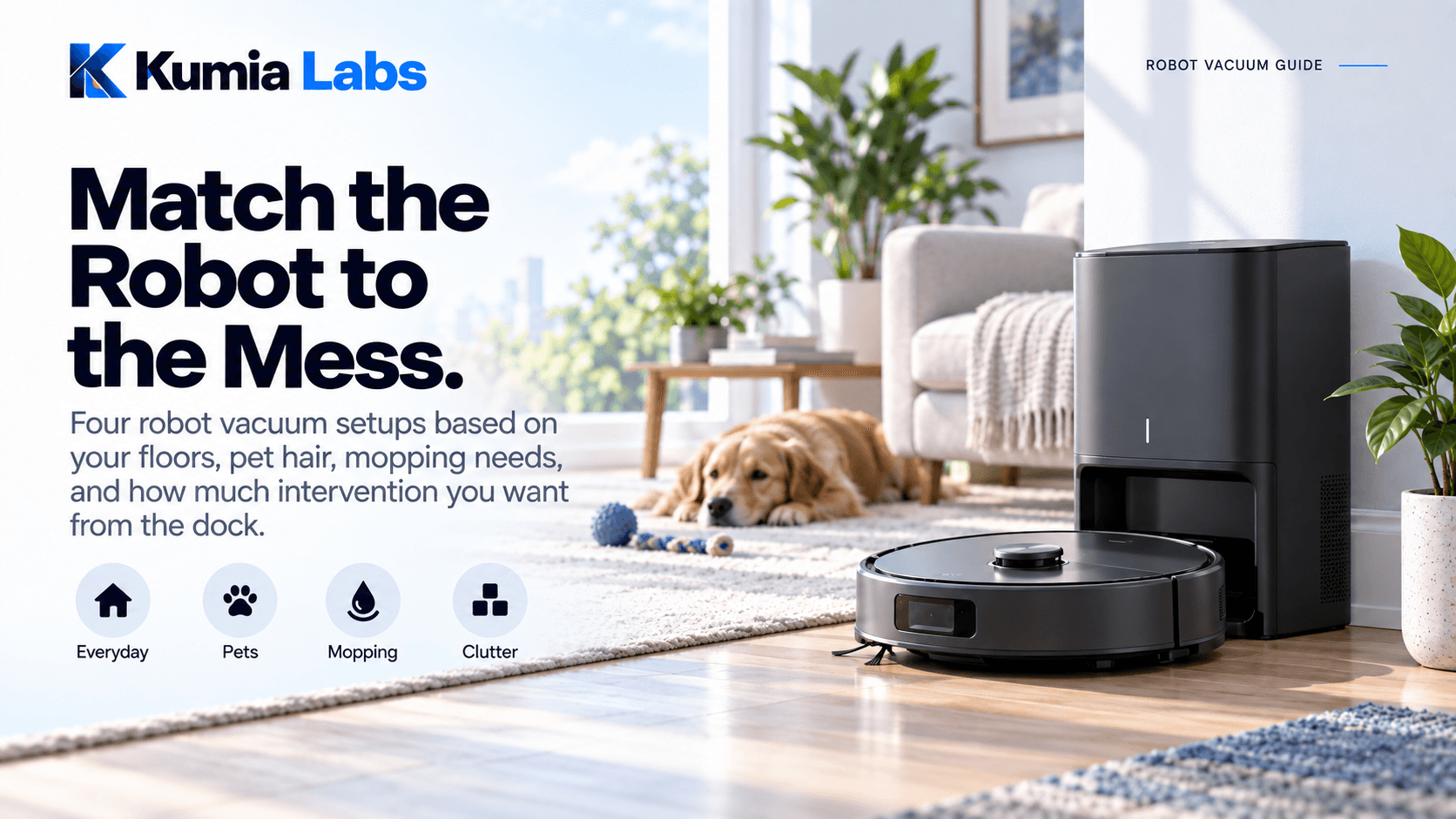 Kumia Labs robot vacuum guide cover titled Match the Robot to the Mess