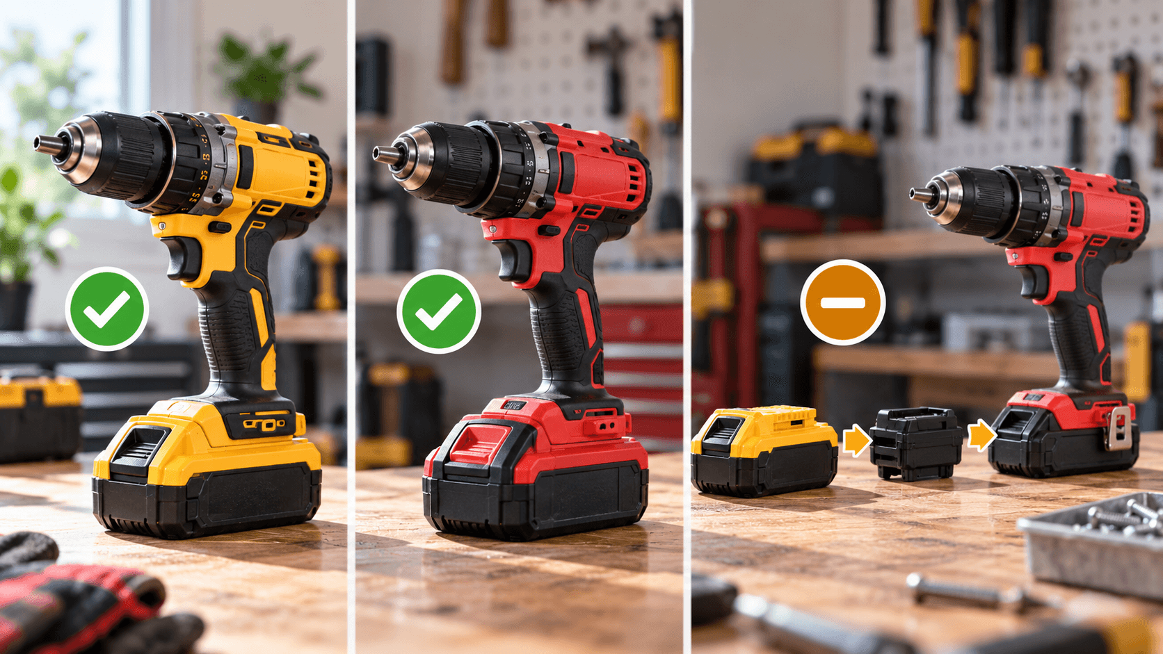 Three cordless drill setups side by side: a yellow drill with a matching yellow battery marked with a green check, a red drill with a matching red battery marked with a green check, and a yellow battery connected through a small black adapter to a red drill, marked with an orange caution symbol