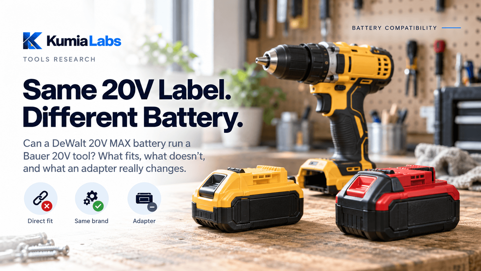 Kumia Labs battery compatibility cover titled Same 20V Label. Different Battery., showing a yellow cordless drill with a yellow and a red 20V battery pack on a workbench