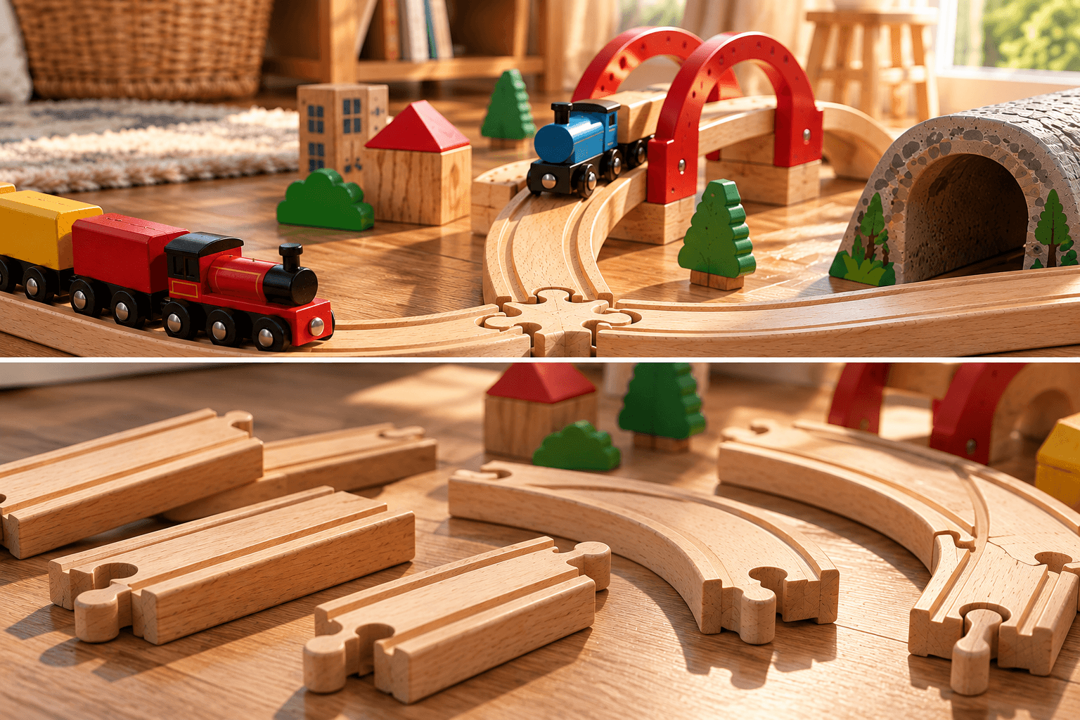 A conceptual editorial illustration: a built wooden layout with a bridge, a tunnel, and a junction above a set of loose straight and curved pieces showing pegs and sockets. It sets up the four separate checks described next; the shapes are illustrative, not evidence of any brand's geometry.