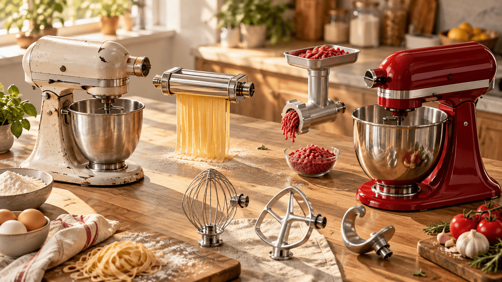 A worn vintage-style cream stand mixer and a glossy red modern stand mixer on a kitchen counter, with a pasta roller, food grinder, whisk, flat beater, and dough hook laid out between them. An editorial illustration of one attachment idea spanning generations, not a photograph of a specific historical model.