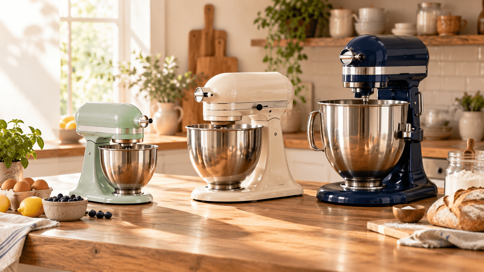 Three stand mixers of different sizes and colors, mint, cream, and navy, side by side on a kitchen counter, each with its own stainless-steel bowl. An editorial illustration that the same brand does not mean one universal bowl fit.