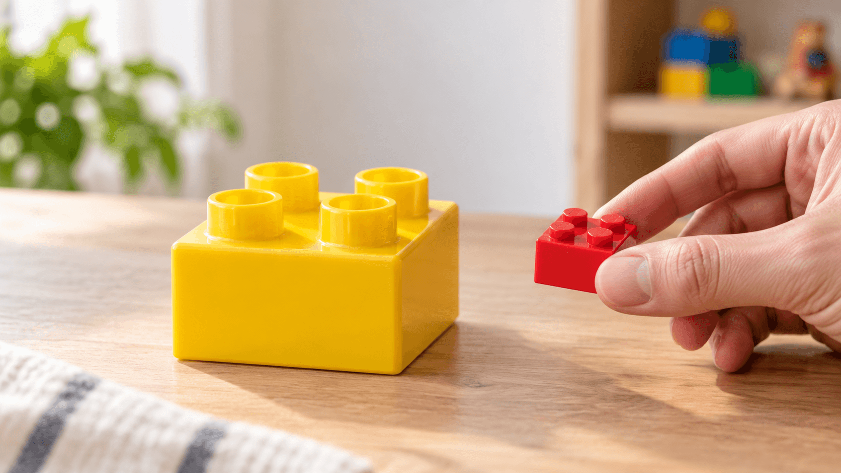 An editorial photo-style image of a large yellow DUPLO-style brick on a wooden table while an adult’s hand holds a much smaller red LEGO-style brick nearby, showing the difference in scale. It is not a technical drawing and does not show how the pieces connect.
