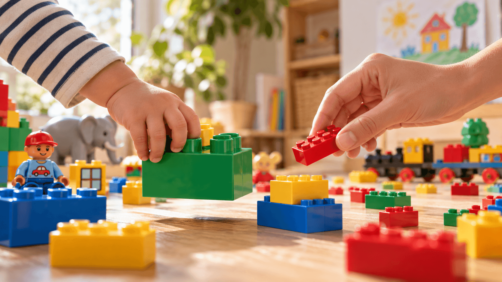 An editorial illustration of shared play: a child’s hand holds a large green DUPLO-style brick while an adult’s hand holds a small red LEGO-style brick nearby. It illustrates the story of two scales sharing one play world, not a fit test.
