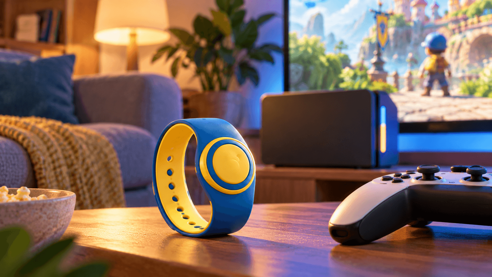 An editorial illustration of a Power-Up Band on a coffee table in a home living room, near a game console and controller. It shows the Band's second life at home, not a technical diagram of how it is read.