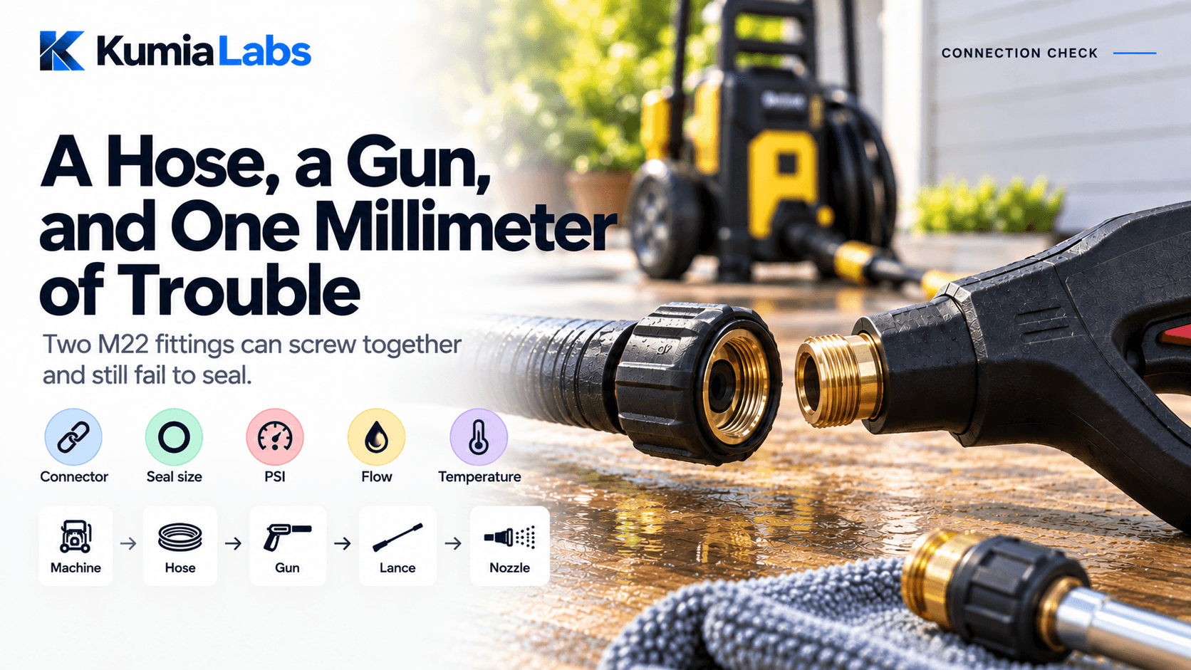 Kumia Labs cover reading A Hose, a Gun, and One Millimeter of Trouble. Two M22 fittings can screw together and still fail to seal. A brass-threaded hose end and a spray-gun fitting sit apart on a wet deck, with icons for connector, seal size, PSI, flow, and temperature, and the chain machine, hose, gun, lance, nozzle.
