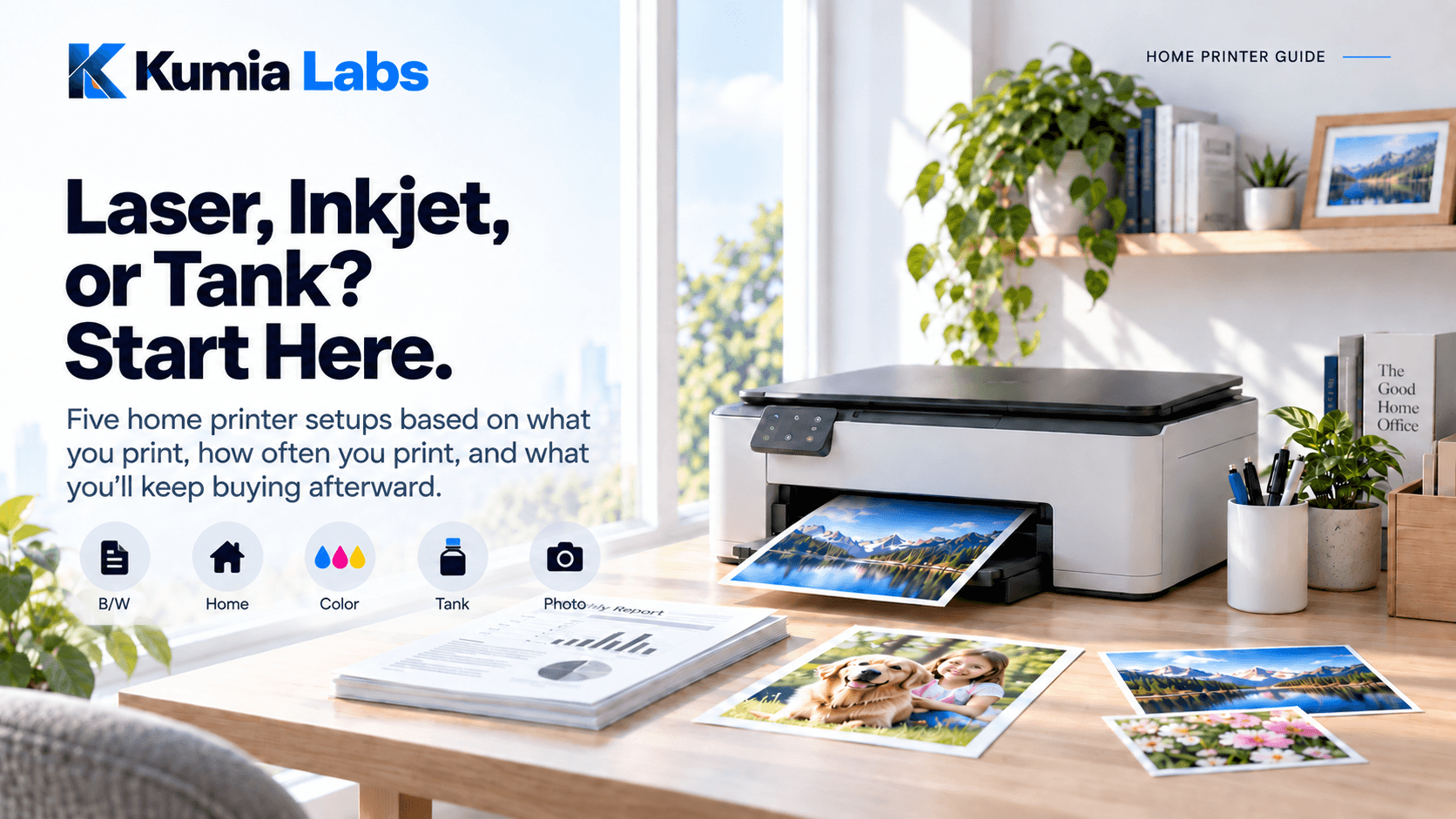 Kumia Labs home printer guide cover titled Laser, Inkjet, or Tank? Start Here