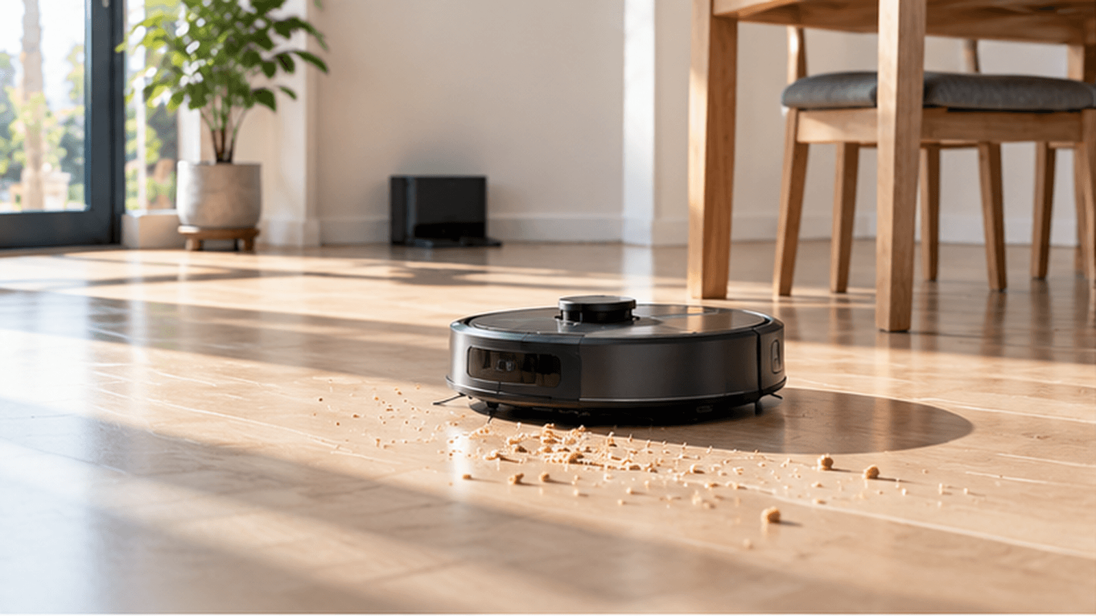 Robot vacuum collecting everyday crumbs from a sunlit hard floor