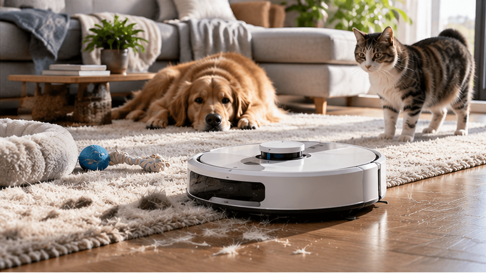 Robot vacuum moving between a pet-hair-covered rug and hard flooring