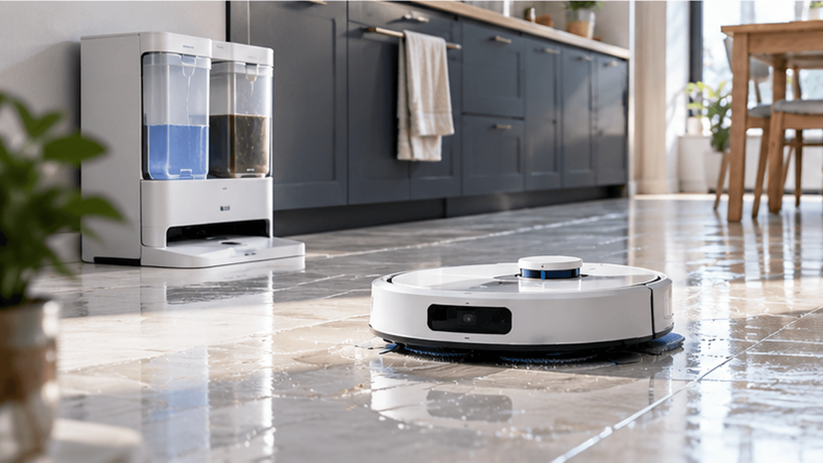 Robot vacuum mopping a kitchen floor beside a wash-and-dry dock