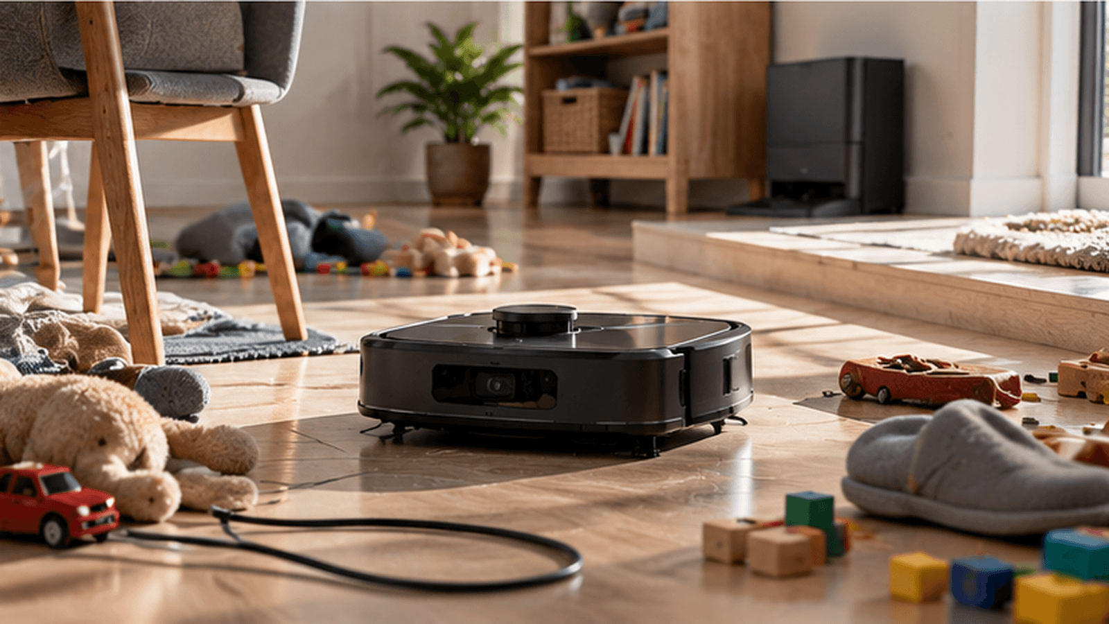 Robot vacuum navigating toys, a cable, furniture, and a raised threshold