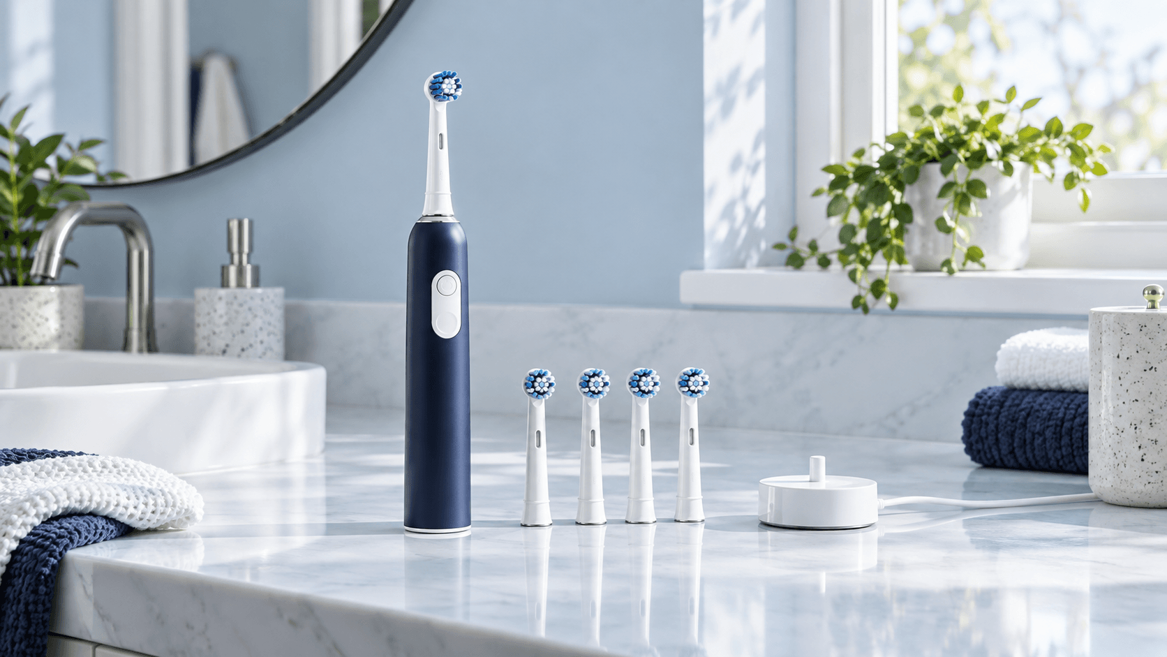 An unbranded electric toothbrush with four replacement heads and a charger