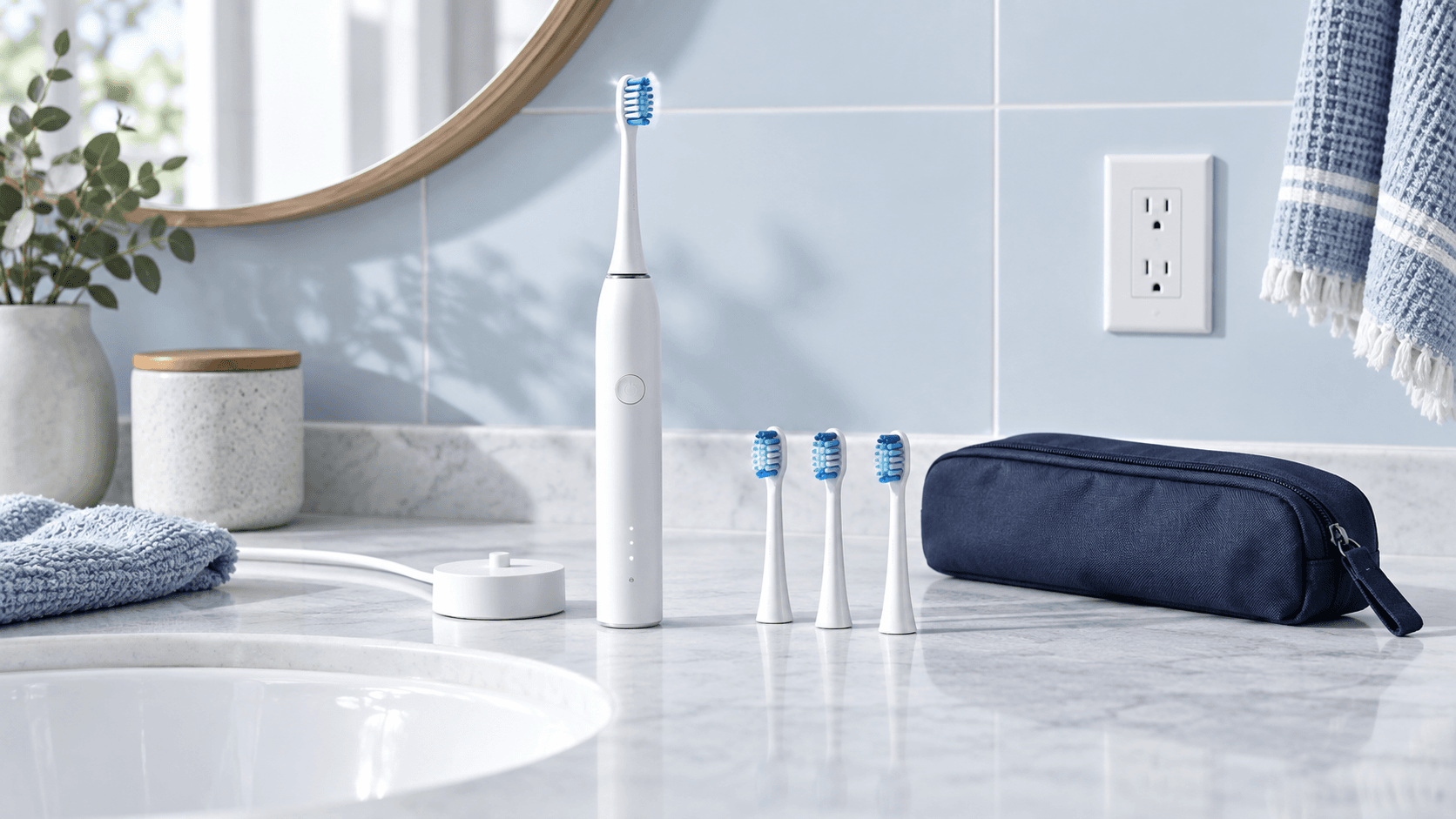 A slim unbranded electric toothbrush beside a compact charger and spare heads