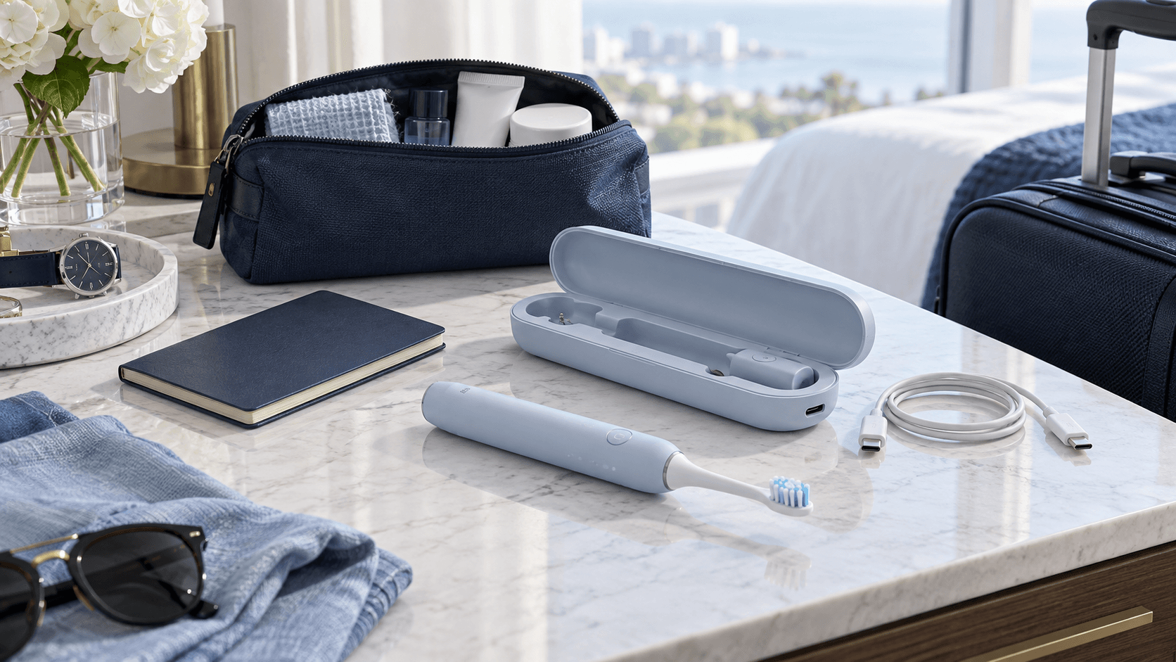 An unbranded electric toothbrush with an open USB charging travel case