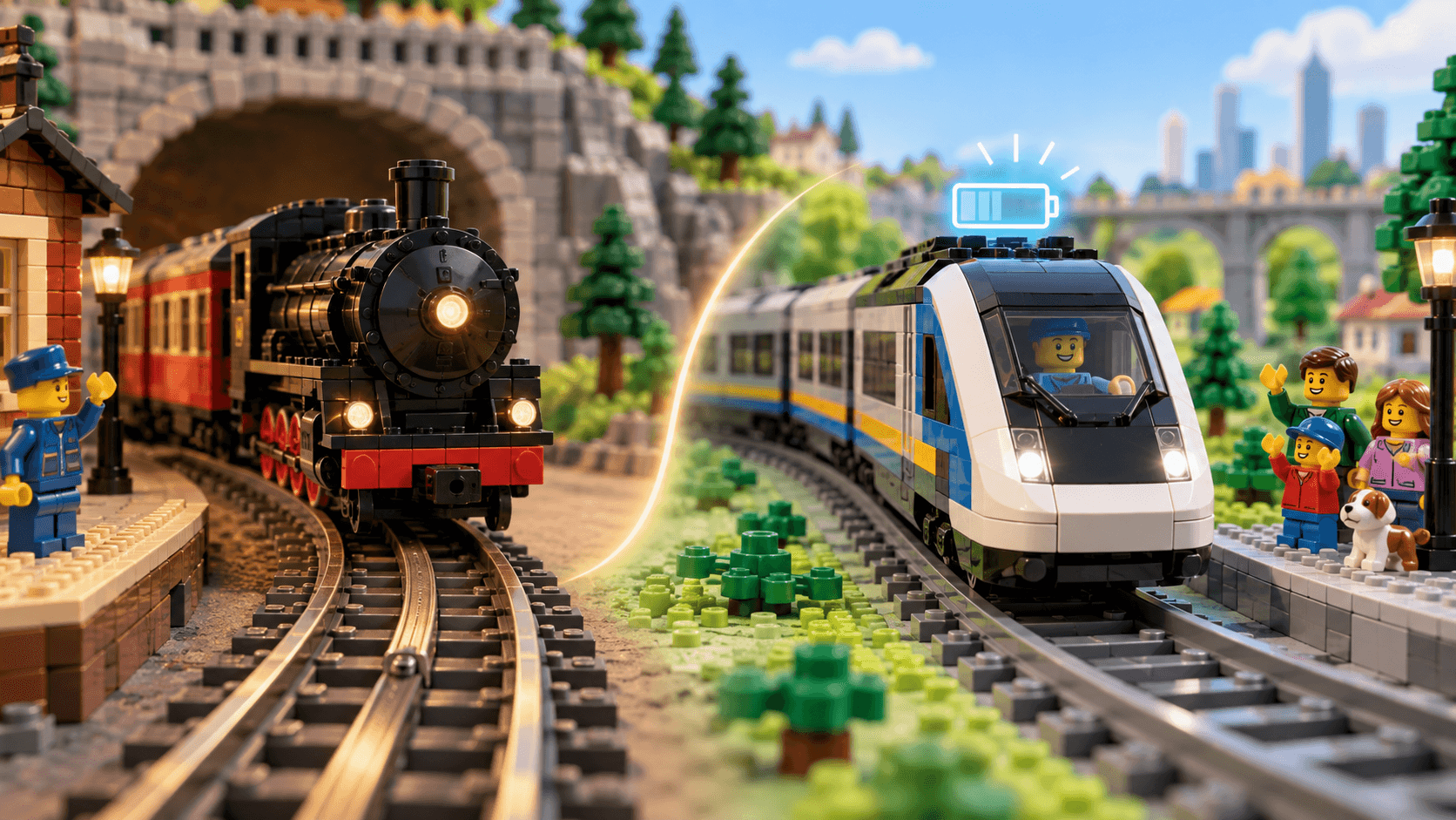 An editorial illustration split by era: on the left, an older black steam-style LEGO train on metal-looking rails; on the right, a modern battery-powered train with a small battery icon above it. It illustrates the story of power moving aboard the train, not a technical diagram of any track or connection.