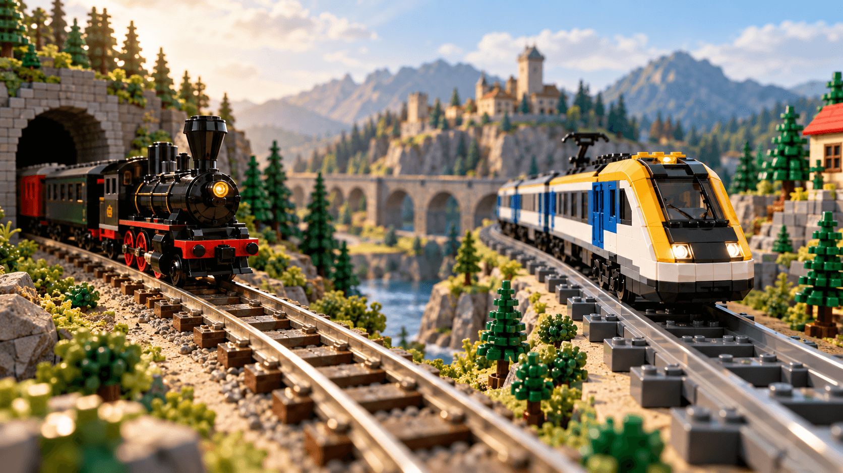 An editorial illustration of a steam-style LEGO train and a modern white and red LEGO train sharing one miniature railway with a stone viaduct and tunnel. It illustrates trains from different eras on one layout, not proof of how any track pieces connect.