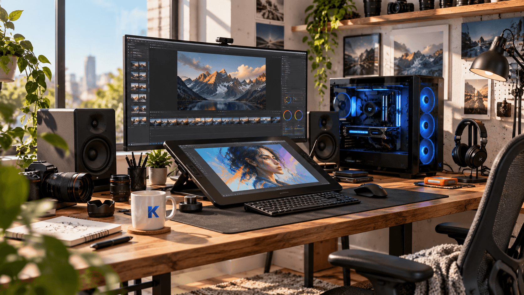 A creative production workstation with editing displays and a desktop PC
