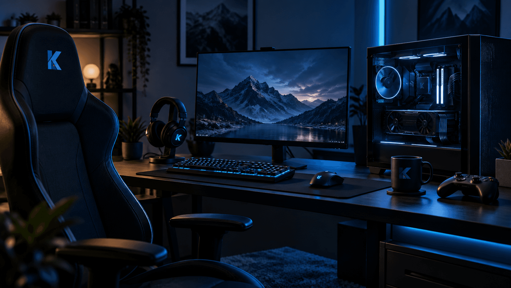 A focused desktop gaming setup with the monitor and PC clearly visible