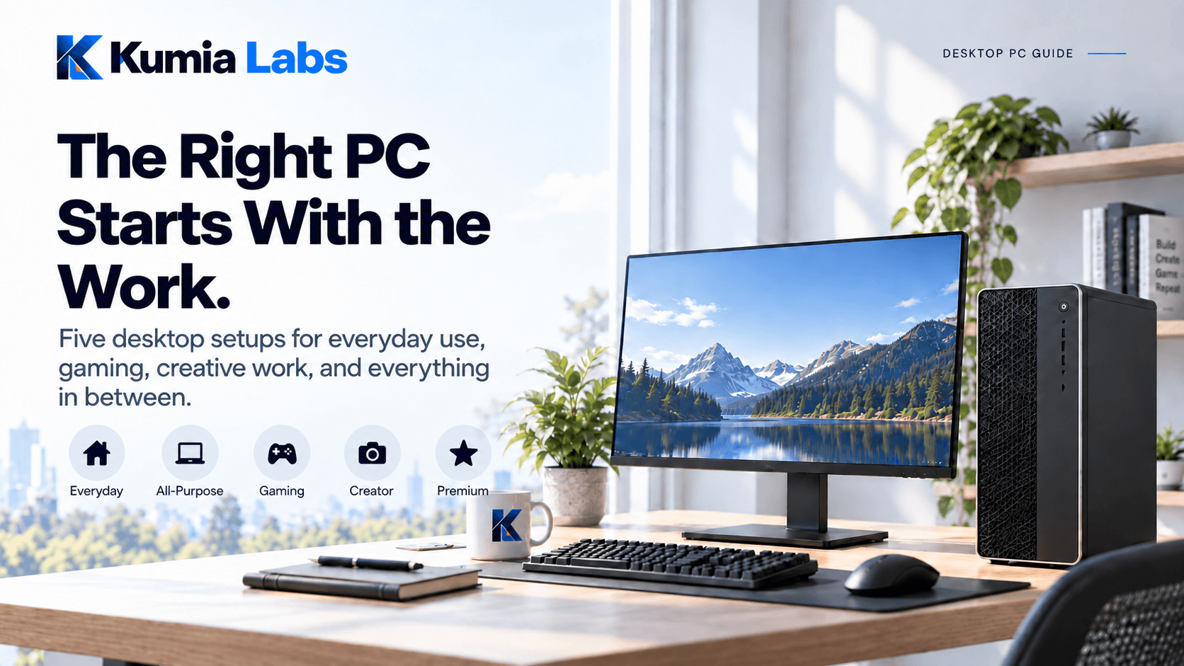 Kumia presenting five desktop PC setups for different kinds of work