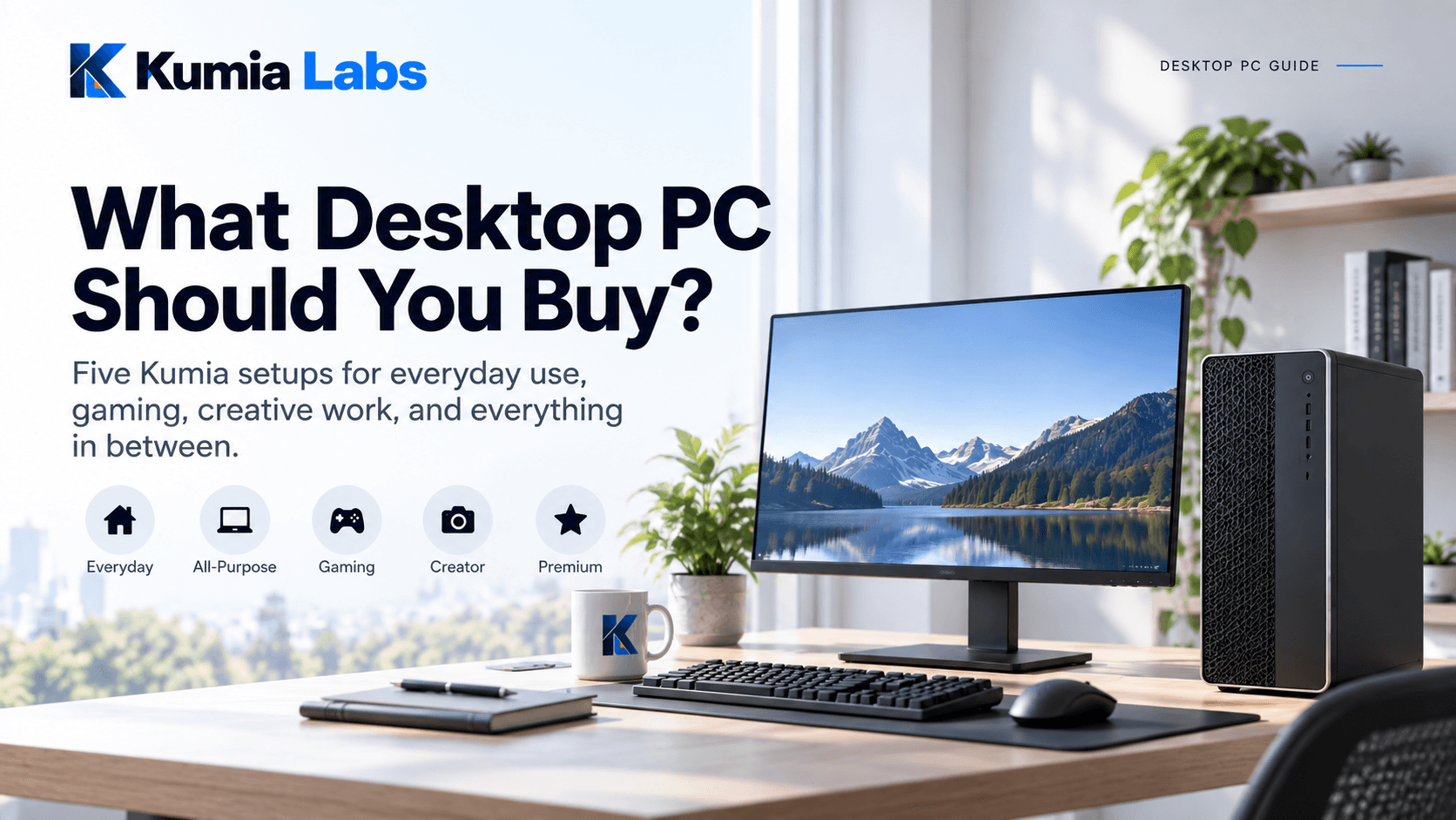 Kumia presenting five desktop PC setups for different kinds of work